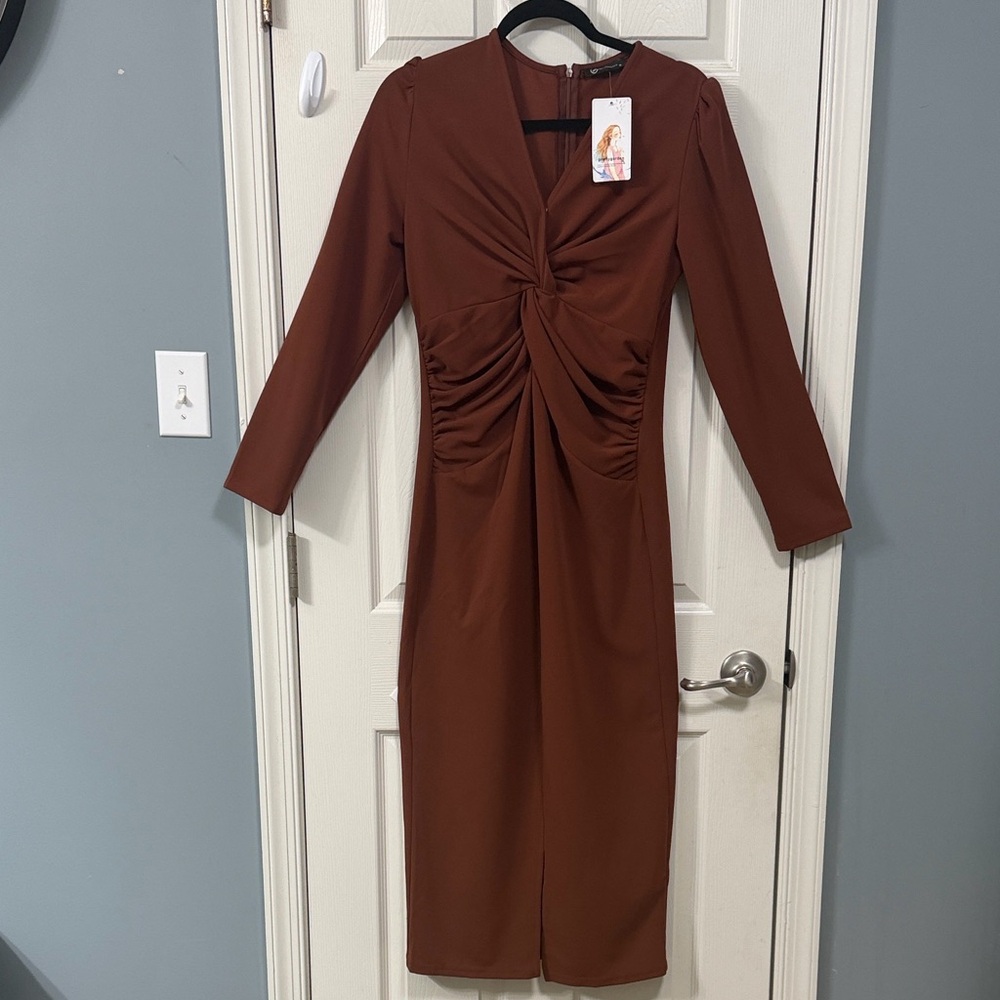 New PrettyGarden Long Sleeve Brown Dress Elegant Wear Career Office Wear Luxury - Picture 11 of 15